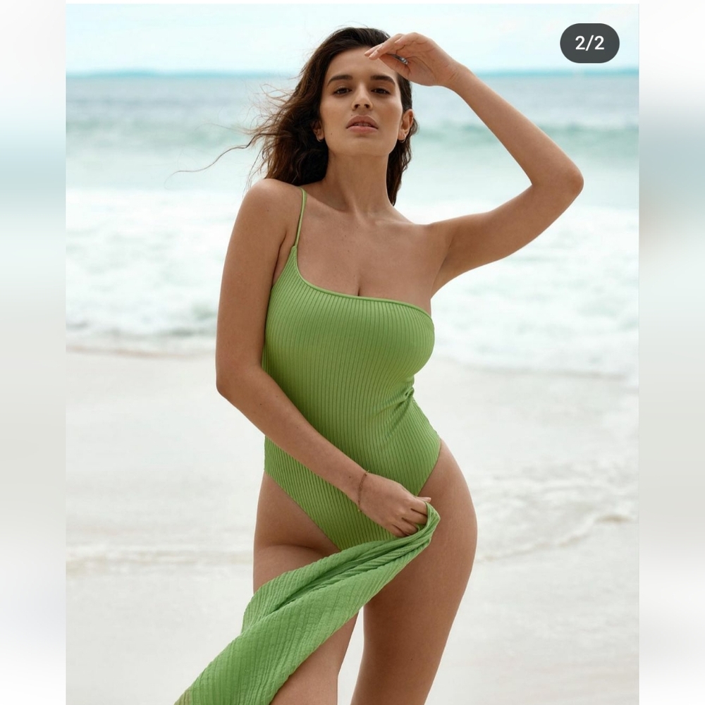 Monday Swimwear One-Shoulder Ribbed One-Piece Swimsuit in Light Green